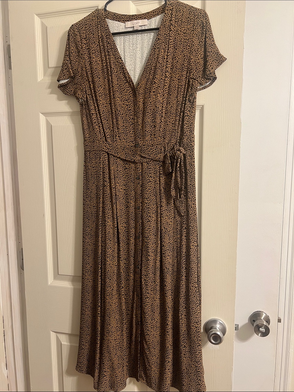 LOFT Tan and Black Leopard-Print Midi Wrap Dress